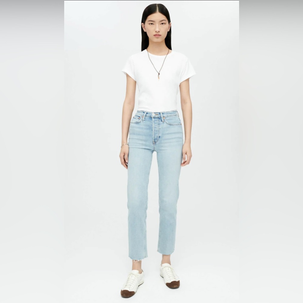 Re/done comfort stretch high rise stove pipe jeans, size 24. Mid-90s wash.